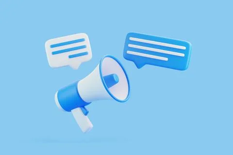 Cartoon megaphone with notification speech bubble on blue background Stock Illustration