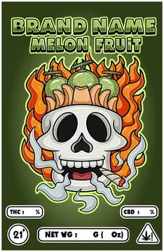 Cartoon Melon Fruit on Skull Head Smoking And Burning Fire Backgrounds. Stock-Illustration