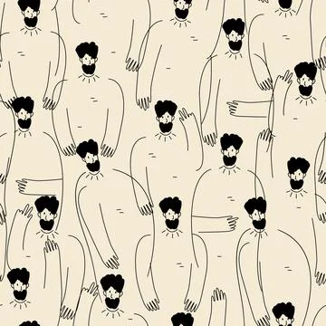 Cartoon men faces crowd doodle seamless pattern. Hand drawing people on beige Stock Illustration