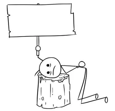 Cartoon of Men with Head placed on the Execution Block Holding Empty Sign Stock Illustration