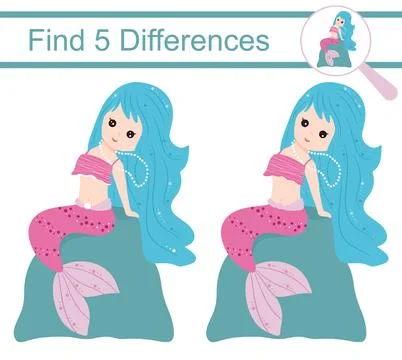 Cartoon mermaids. Find 5 differences. Educational game for children. Stock Illustration