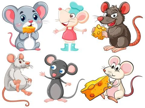 Cartoon Mice Characters with Cheese in Various Poses Stock Illustration