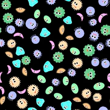 Cartoon Microbes Seamless Pattern. Pandemic Backteria. Dangerous Viruses. Germs Stock Illustration
