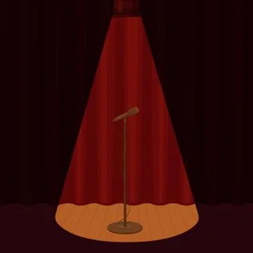 Cartoon microphone on empty scene surrounded by spotlight light vector graphic Stock Illustration