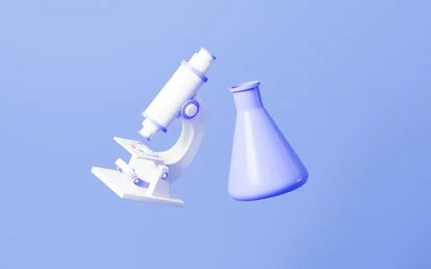 Cartoon microscope and conical flask in the purple background, 3d rendering. Stock Illustration