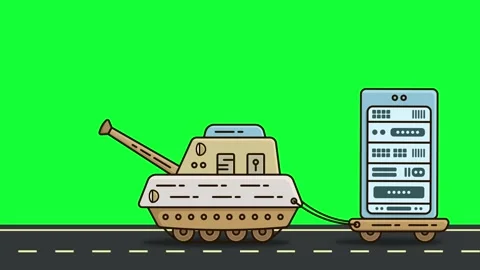 Cartoon Mini War Tank Transporting Modern Data Server for Digital Security Stock Footage 328099294