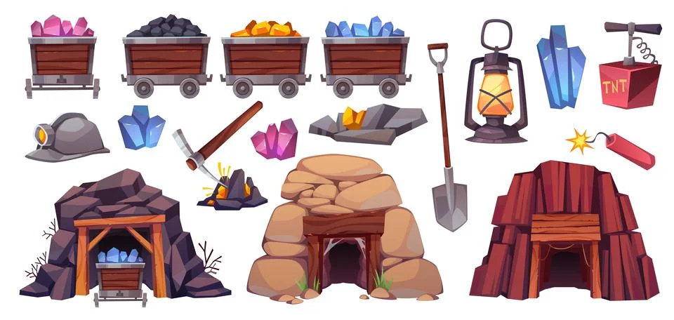 Cartoon mining tools. Miners stuff, minerals and coal in trolleys, shovels Stock Illustration