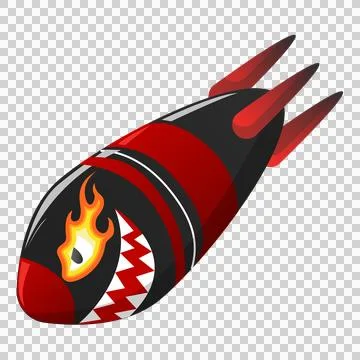 Cartoon missile with flame and sharp teeth flying through air  red and blac.. Stock Illustration