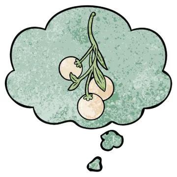Cartoon mistletoe and thought bubble in grunge texture pattern style Stock Illustration