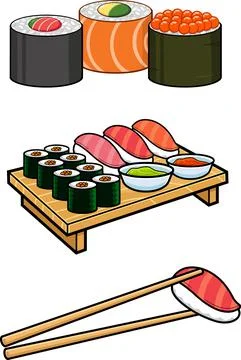 Cartoon Mixed Sushi Set. Vector Hand Drawn Collection Stock Illustration