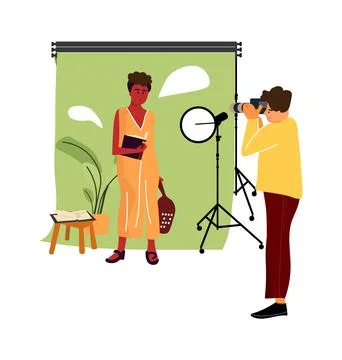 Cartoon model at photo studio. Vector professional photographer occupation, man Stock Illustration