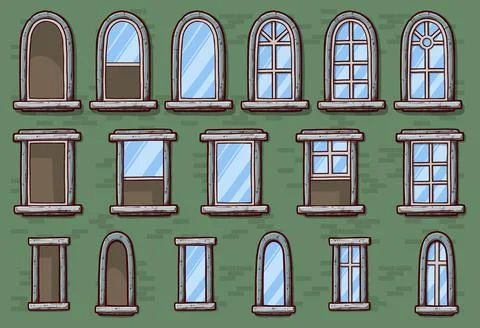 Cartoon modern windows in frame on a brick wall Stock Illustration