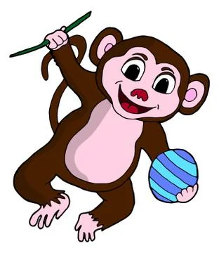 Cartoon monkey with a ball. Vector hand drawn illustration Stock Illustration
