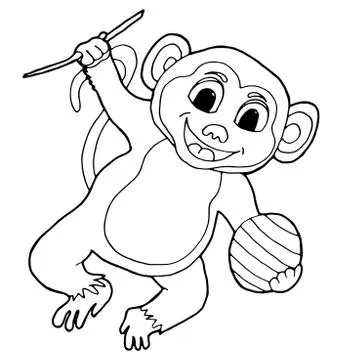 Cartoon monkey with a ball.Vector hand-drawn illustration Stock Illustration