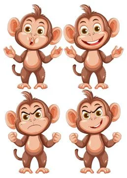 Cartoon Monkey Character Expressing Four Different Emotions Stock Illustration