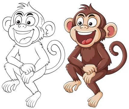 Cartoon Monkey Character with Line Art and Color Version Stock Illustration