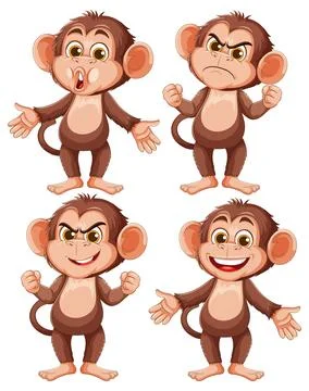 Cartoon Monkey Characters Expressing Four Distinct Emotions Stock Illustration
