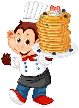 Cartoon Monkey Chef Holding a Large Stack of Pancakes on a Plate Stock Illustration