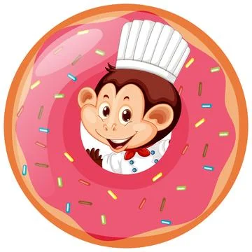 Cartoon Monkey Chef Peeking Through a Pink Glazed Sprinkled Donut Stock Illustration