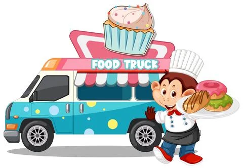 Cartoon Monkey Chef Serving Pastries Next to a Colorful Food Truck Stock Illustration