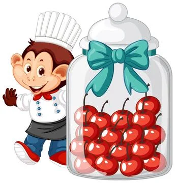 Cartoon Monkey Chef Standing Next to a Large Jar of Cherries Stock Illustration
