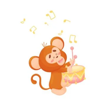 Cartoon monkey with a drum. Vector illustration on a white background. 스톡 일러스트