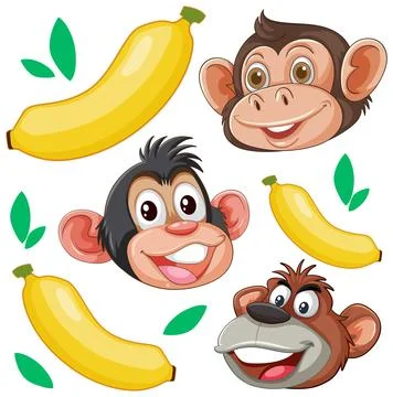Cartoon Monkey Faces and Yellow Bananas Seamless Vector Pattern Elements Stock Illustration