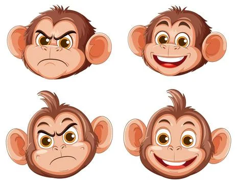 Cartoon Monkey Faces Expressing Four Different Emotions Stock Illustration