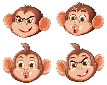 Cartoon Monkey Faces with Four Expressive Emotions Stock Illustration