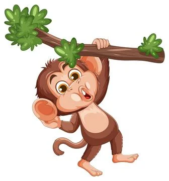 Cartoon Monkey Hanging From Tree Branch Smiling Stock Illustration