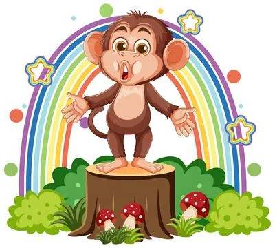 Cartoon Monkey Singing on Tree Stump with Rainbow Stock Illustration