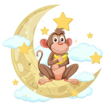 Cartoon Monkey Sitting on Crescent Moon with Stars Stock Illustration