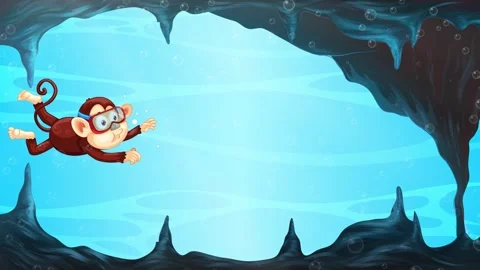 Cartoon Monkey Swimming Through Blue Underwater Cave With Goggles Stock Footage 341559229