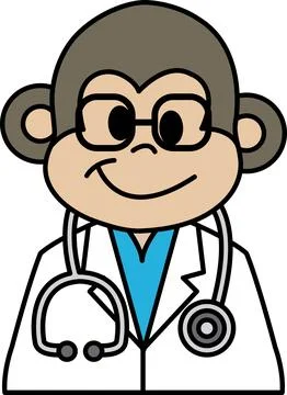 A cartoon monkey wearing a white lab coat and glasses is smiling Stock Illustration
