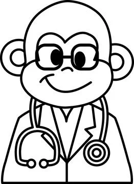 A cartoon monkey wearing a white lab coat and glasses is smiling Stock Illustration