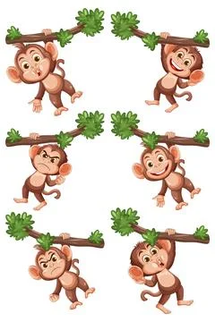 Cartoon Monkeys Hanging From Tree Branches With Expressions Illustrazione stock