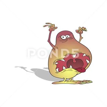 A cartoon monster with big eyes and teeth opens its mouth wide and shows its Stock Illustration