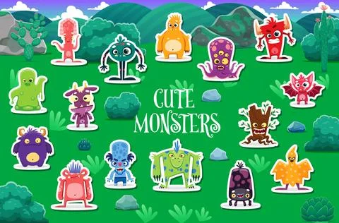 Cartoon monster characters vector stickers pack Illustrazione stock