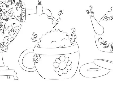 Cartoon monster drying tea cup samovar teapot coloring book Stock Illustration