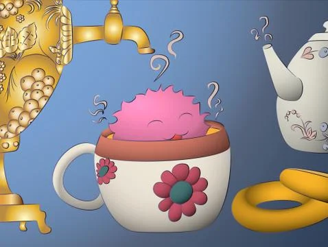 Cartoon monster drying tea cup samovar khokhloma teapot Stock Illustration
