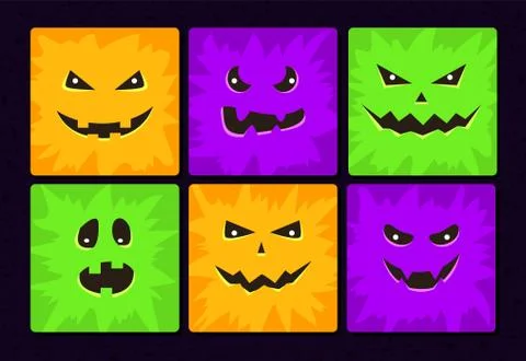Cartoon monster faces set. Vector Halloween funny and scary faces with differ Stock Illustration