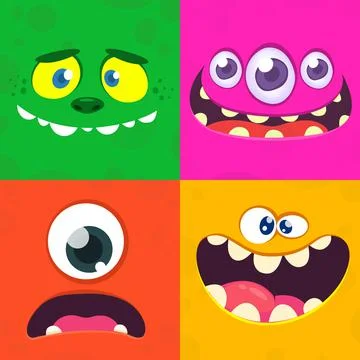 Cartoon monster faces set. Vector set of four Halloween monster faces with di Stock Illustration