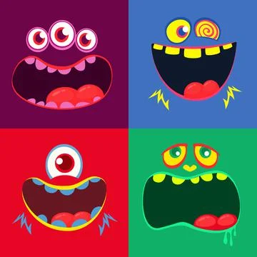 Cartoon monster faces set. Vector set of four Halloween monster faces with di Stock Illustration