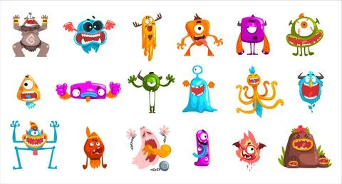 Cartoon Monster with Spooky Muzzle with Teeth and Bulging Eye Big Vector Set 스톡 일러스트