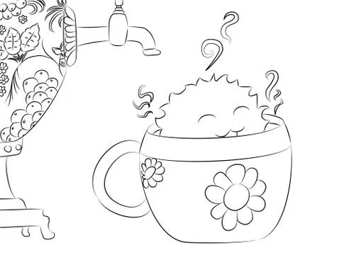 Cartoon monster tea cup samovar coloring book Stock Illustration
