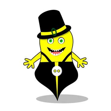 Cartoon monster of yellow color, in a hat, pants with straps, smiling visible Stock Illustration