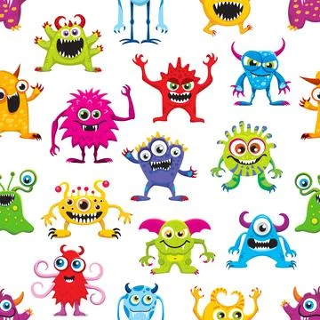Cartoon monsters pattern, funny mutant creatures Stock Illustration
