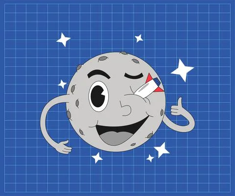 Cartoon moon getting hit by a rocket while smiling Stock Illustration