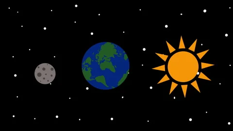 Cartoon moon orbiting earth with bright sun in starry outer space Stock Footage 340523143