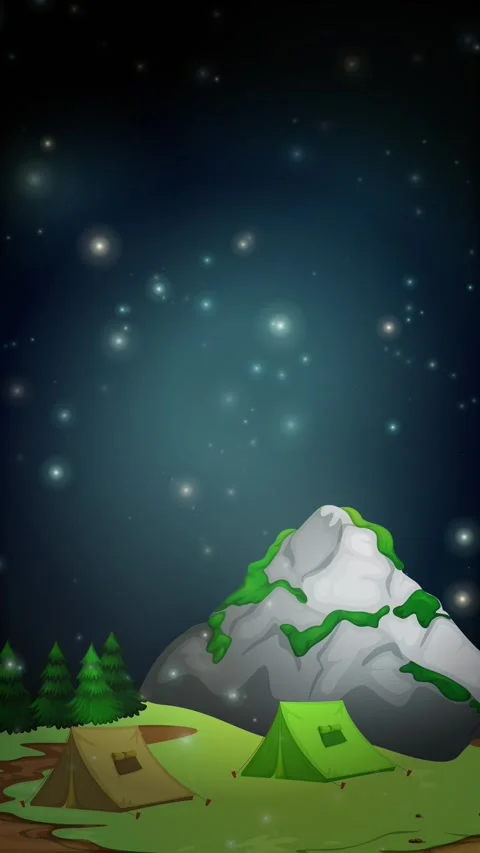 Cartoon Mountain Campsite with Glowing Particles Drifting Under Night Sky Stock Footage 340195232